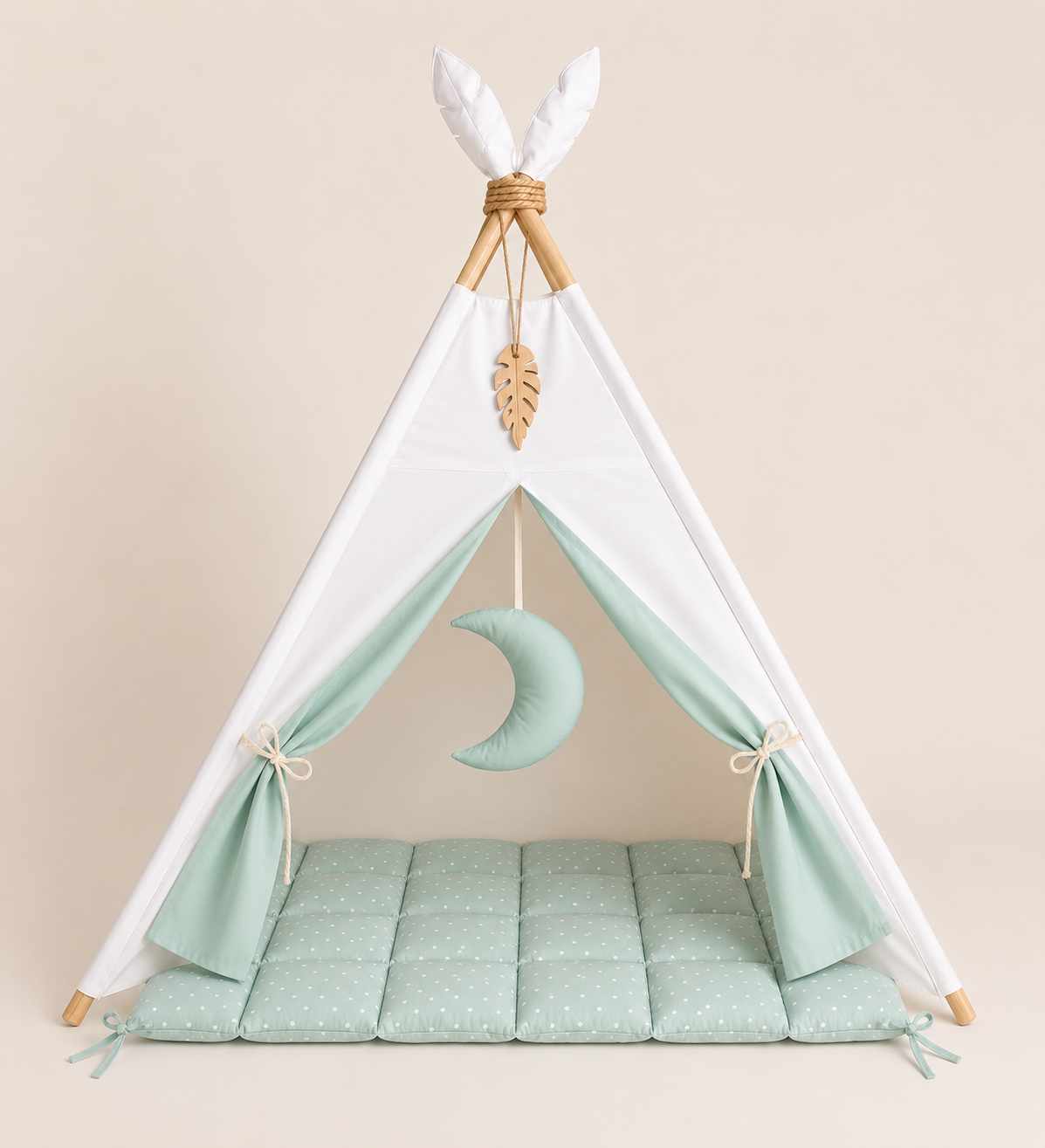 Teepee Шатор за Деца – Бело со минт подлога и перничиња